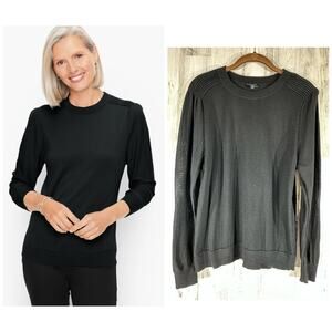 Talbots Sweater Medium‎ Petite Black Pure Merino Wool Ribbed Shoulder Semi Sheer